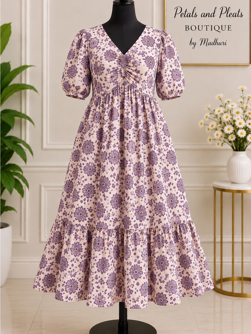 Lavender Floral Puff-Sleeve Midi Dress - Women